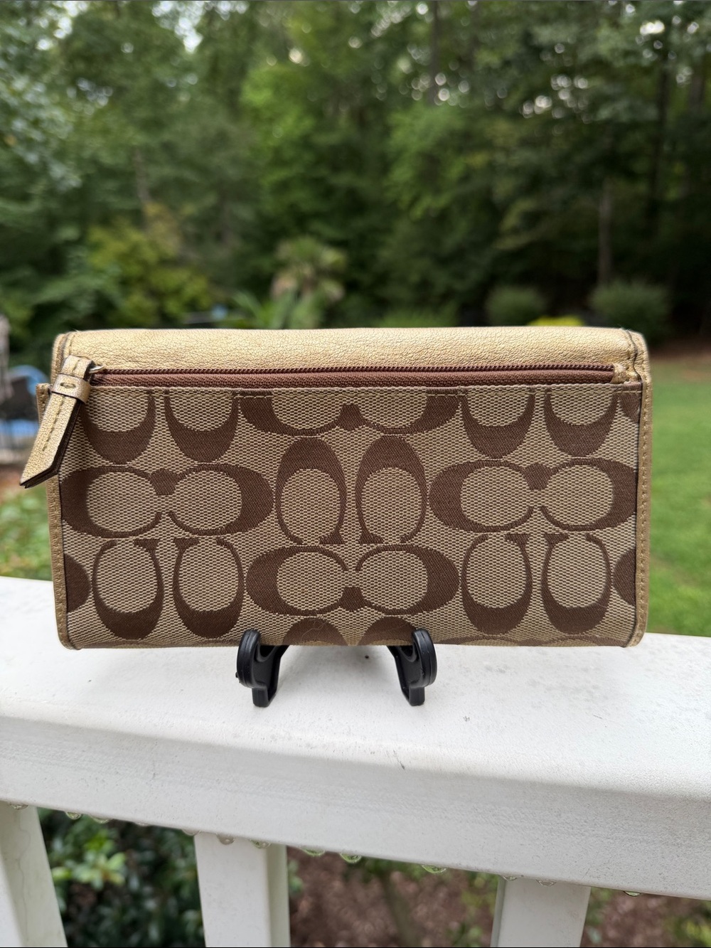 Coach Bleecker Signature Brown Canvas Gold Leather Buckle continental wallet - Picture 4 of 16